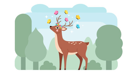 Fototapeta premium Whimsical Deer With Butterflies And Floral Crown In Woodland Scene