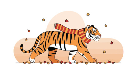 Stylized tiger wearing a scarf in an autumnal scene illustration with falling leaves creating a cozy and playful vibe