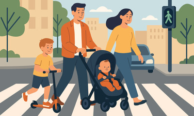 Flat vector of parents with two children, baby stroller, and scooter crossing street at green light in city. Ideal for family lifestyle, safety, and urban design projects.