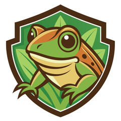 Frog logo design featuring a cartoon frog with big eyes and vibrant colors on a shield background