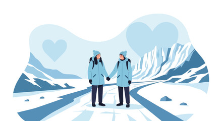 Romantic winter adventure: Couple holding hands in a snowy landscape mountains backdrop