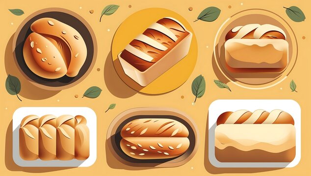 Flat vector bakery, bread loaf shapes, warm yellow palette