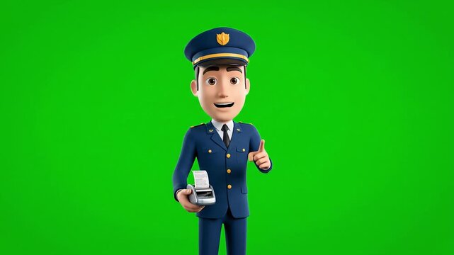 Charming 3D Cartoon Officer in Uniform Issues a Ticket with a Smile on Green Screen