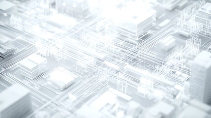 Digital urban layout in icy white tones with smart intersections and eco-grids
