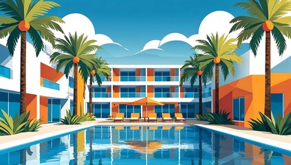 Flat vector hotel resort, palm trees, pool geometric shapes