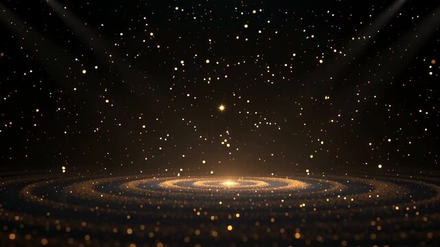 Sparkling golden particles against a dark, starry background with a lu