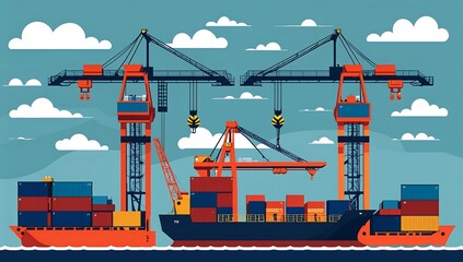 Flat vector port cranes, shipping containers, cargo ship outline