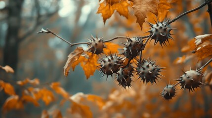 Close-up of spiky seed pods on a branch with blurred autumn leaves in the background.