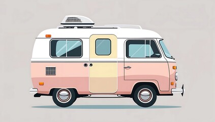 Flat vector vintage camper van, simplified shape, minimal windows, pastel color, no background.