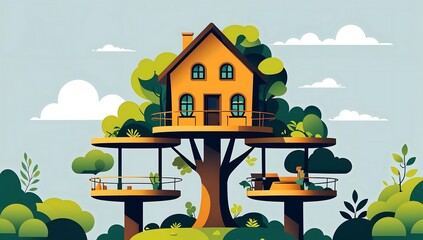 Flat vector treehouse, circular platforms, minimal foliage