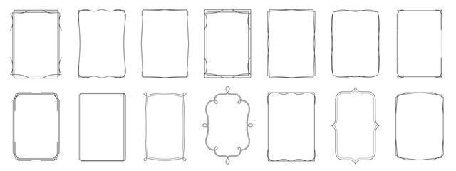 Set of simple minimal line frames with double stroke, editable thickness. Vertical blank templates for text, greeting, or wedding designs.
