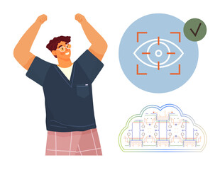 Man raising arms in excitement, eye recognition icon with checkmark, and cloud outline with circuits. Ideal for success, innovation, technology, AI, achievement data progress. Simple flat metaphor