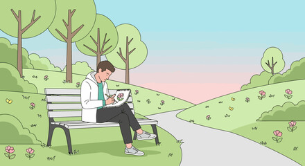 Young Artist Drawing Flower Sitting On Park Bench In Scenic Peaceful Nature