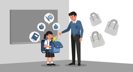 Fototapeta premium Schoolgirl packing her schoolbag while the teacher points at her with an apple icon on the board reminding her to study well in the classroom