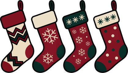 Four Christmas stockings with festive patterns and designs