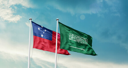 Samoa and Saudi Arabia friendship flags are waving in the sky. Two country flag for agreement or deal. Samoa KSA national flag for commitment.
