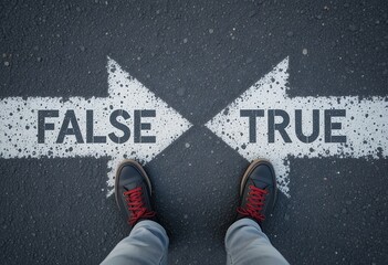 Person standing at divergent path with painted arrows indicating false and true directions on
