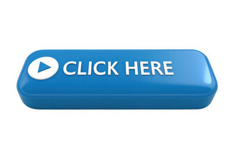 Blue play button click here call to action button isolated on transparent background