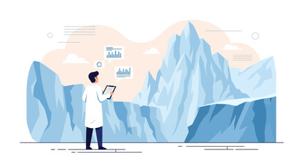 Scientist Monitoring Climate Change Impact At Polar Landscape With Data Charts