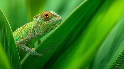 Funny green animal art a chameleon on leaves hides well blends in