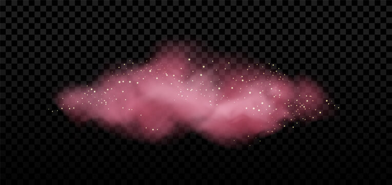 Magic pink cloud with glitter. Rose smoke and gold stars with transparent effect.