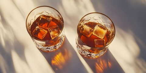 Overhead view of two crystal-cut whiskey glasses filled with amber whiskey, placed on a rustic wooden bar counter with soft ambient lighting creating a warm and inviting atmosphere glass of cognac