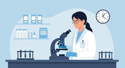 Scientist woman working in a laboratory with a microscope to develop medication and research for vaccine for disease minimal research