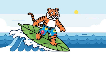 Fototapeta premium Tiger On The Leaf Surfing In The Ocean With Vacation Shorts