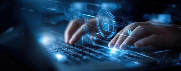 Close-up of hands typing on a laptop keyboard with a glowing digital security lock interface overlay