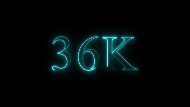 Glowing 36K Neon Followers Icon Animation on Black Background | Social Media Milestone Ultra HD Video..