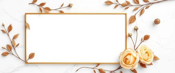Elegant blank invitation card, thin gold frame, white marble, dried beige roses, leaves, vintage floral design,  romantic,  design element