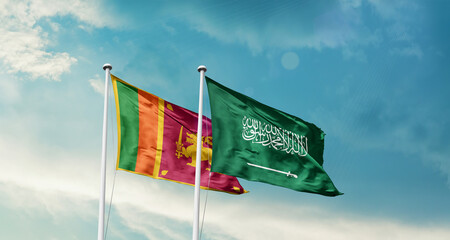 Sri Lanka and Saudi Arabia friendship flags are waving in the sky. Two country flag for agreement or deal. Sri Lanka KSA national flag for commitment.