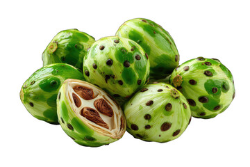Close-up of clustered, mottled green fruit, one sectioned to reveal inner seeds