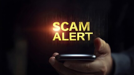 A person's hand holds a smartphone displaying the text 'SCAM ALERT' in bold, glowing letters, emphasizing the importance of online safety.
