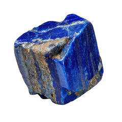 Close-up of a vibrant blue, cubic lapis lazuli gemstone.  Rough edges and streaks of color
