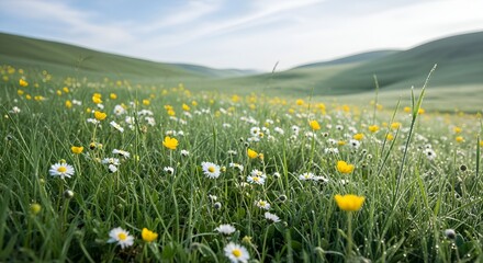 Sun-Kissed Slopes: A Meadow of Daisies and Buttercups Awash in Morning Dew