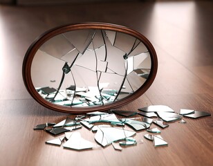 Shattered oval mirror on wood floor, fragments scattered