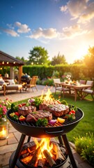 Sunlit backyard barbecue with steaks and vegetables grilling over an open fire