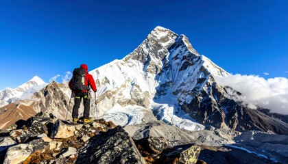 Fototapeta premium Generated imageHiker equipped with a red backpack and gear stands atop a rocky summit under clear skies, admiring majestic snow-capped mountains and breathtaking landscapes, symbolizing adventure.