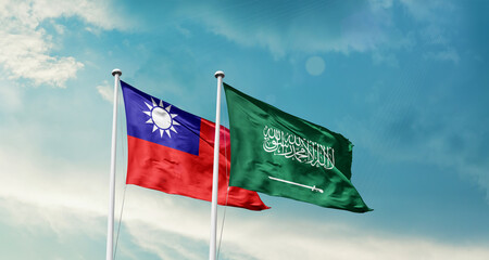 Taiwan and Saudi Arabia friendship flags are waving in the sky. Two country flag for agreement or deal. Taiwan KSA national flag for commitment.