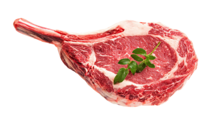 raw tomahawk steak with herbs isolated on white background.