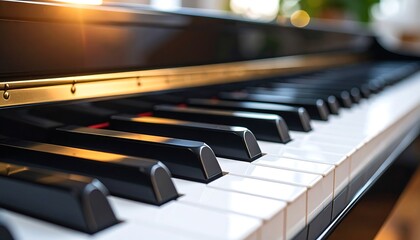 Close-up piano keys in sunlight