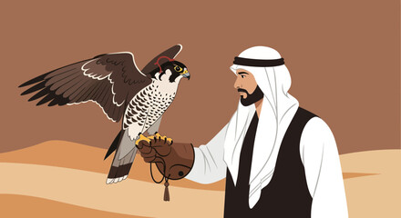 Traditional Falconry Practice Middle Eastern Man Falcon Hunting Hobby Desert