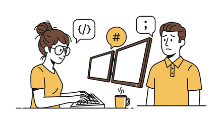 Woman Coding While Male Colleague Looks Stressed By Complex Program