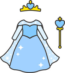 Princess outfit illustration with sparkling blue dress, tiara crown, and wand. Great for planners, kids printables, digital sticker sets, and fantasy-themed graphics. PNG + vector included.