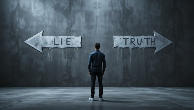Person standing indecisively between two directions indicating lie or truth in a dark room