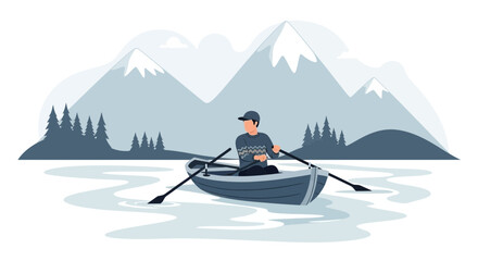 Fototapeta premium Serene vector illustration of a man rowing a boat on a calm lake surrounded by mountains