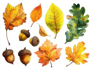 watercolor autumn leaves and acorns clipart set