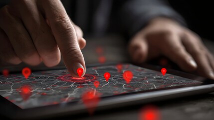 Close-up of a man's hand interacting with a digital map on a tablet, highlighting various locations with vibrant red pins.