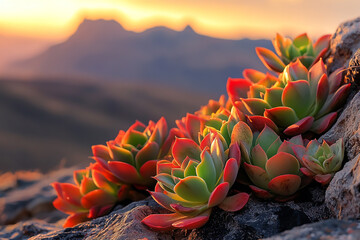 Vibrant succulent plants growing on a rocky mountain slope at sunset
